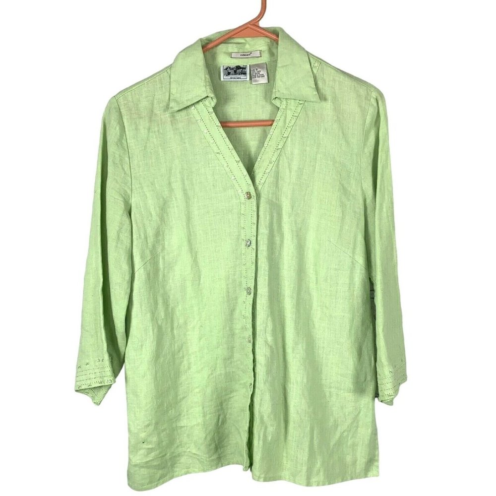 Edward Irish Linen Blouse size 8 Women Shirt Button Up Green Beaded V Neck
